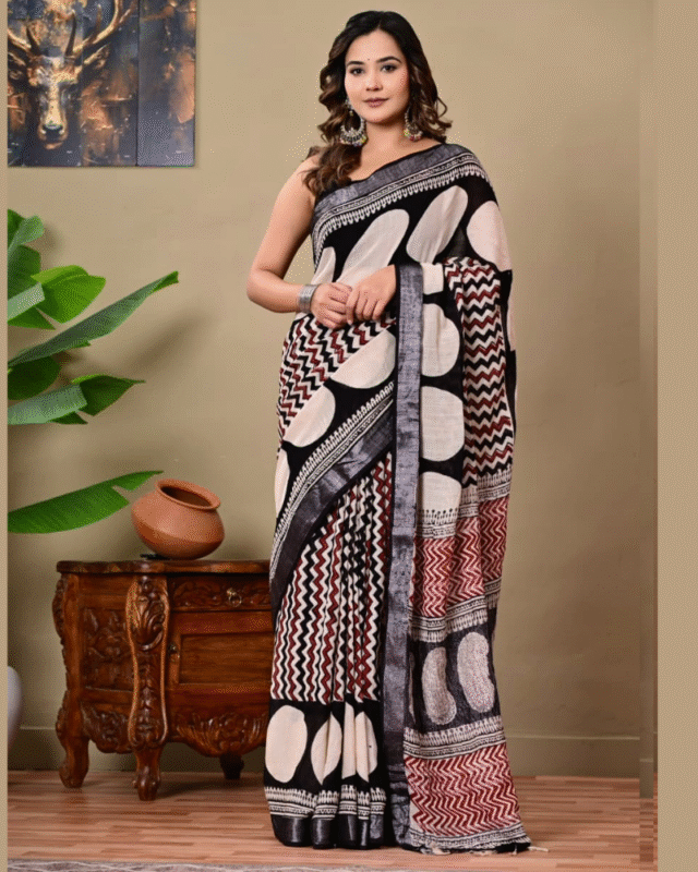 Bagru Hand Block Printed Linen Sarees with Attached Blouse