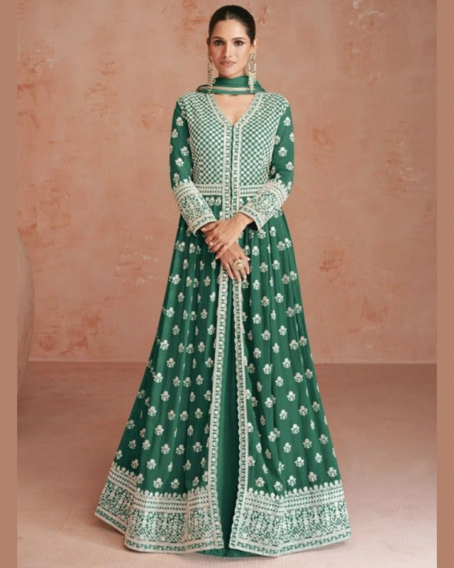 Green Real Georgette Anarkali Style Suit for Wedding