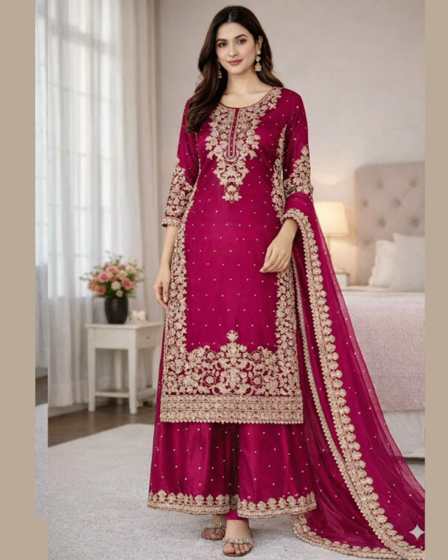 Magenta Pure Gmy Silk Designer Full Sleeve Salwar Suit