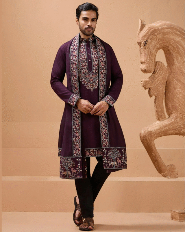 Purple Viscose Silk Men's Wear Kurta Pajama with Dupatta
