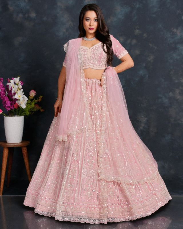 Pink Designer Wedding Wear Net Lehenga Choli