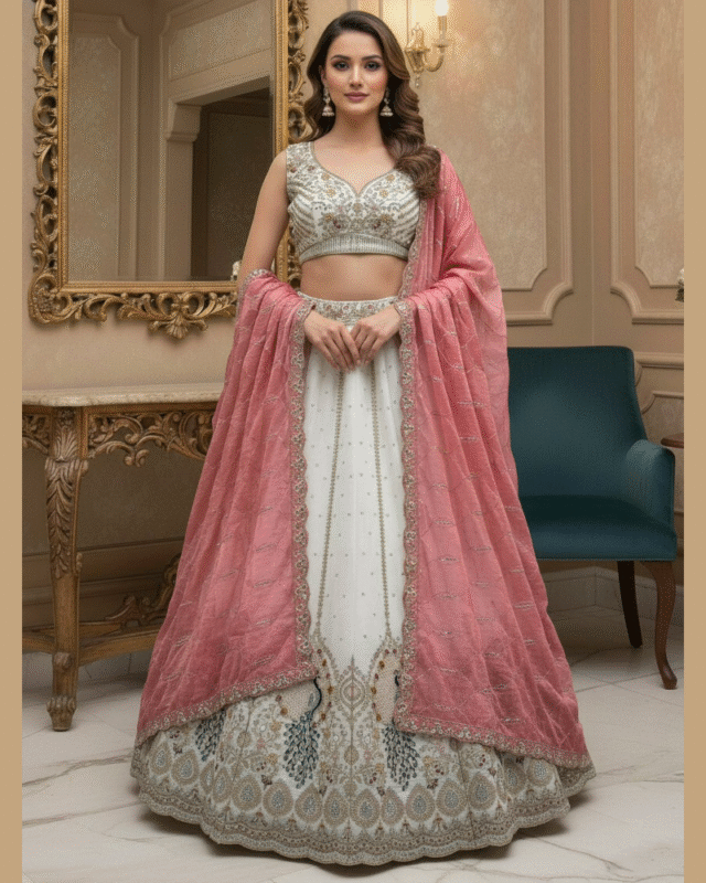Gadhwal Silk Peacock Embroidered Sober work Wedding Lehenga choli