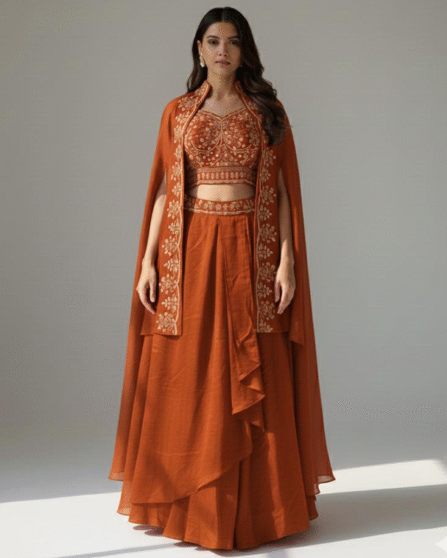 Orange Vichitra Silk Designer Crop Top Lehenga with Shrug