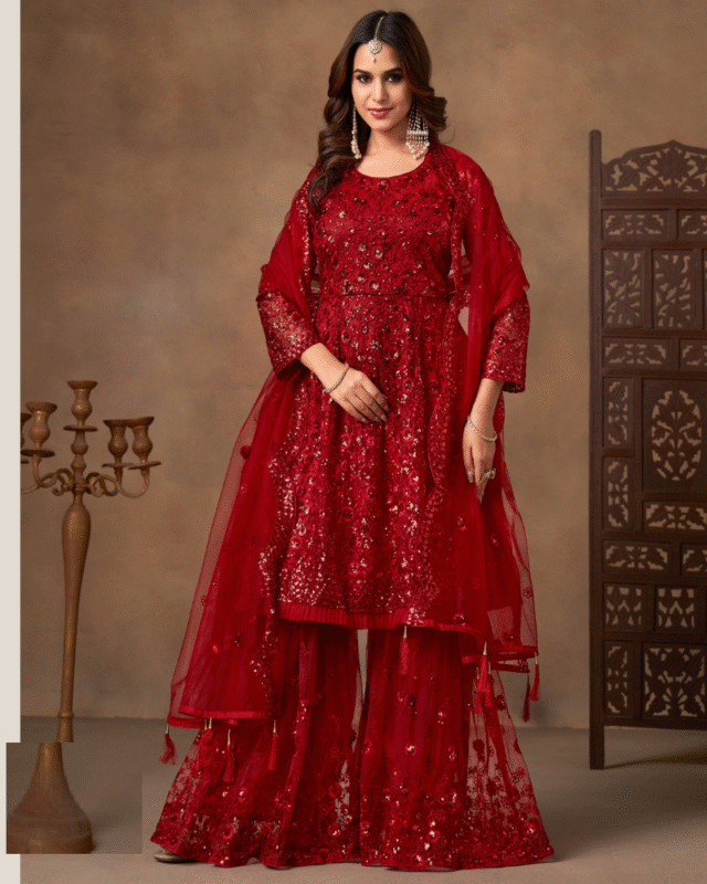 Red Party Wear Net Anarkali Style Sharara Suit
