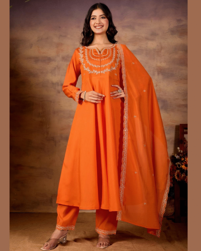 Roman Silk Designer Anarkali Style Kurta & Pant Dupatta Set
