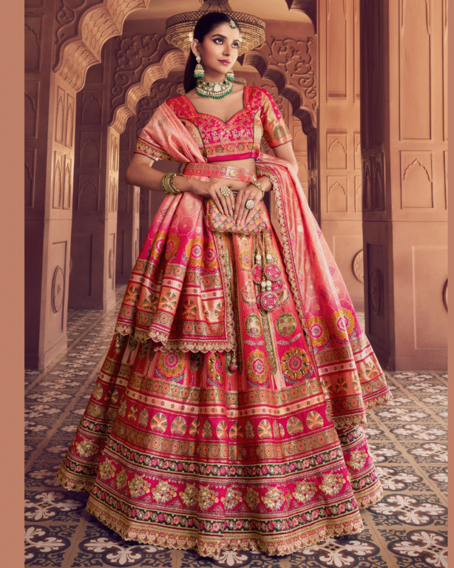 Indian Wedding Wear Banarasi Silk Bridal Lehenga Choli with Belt