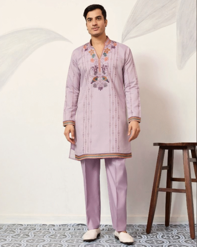 Lavender Party Wear Viscose Silk Men's Wear Kurta Pajama