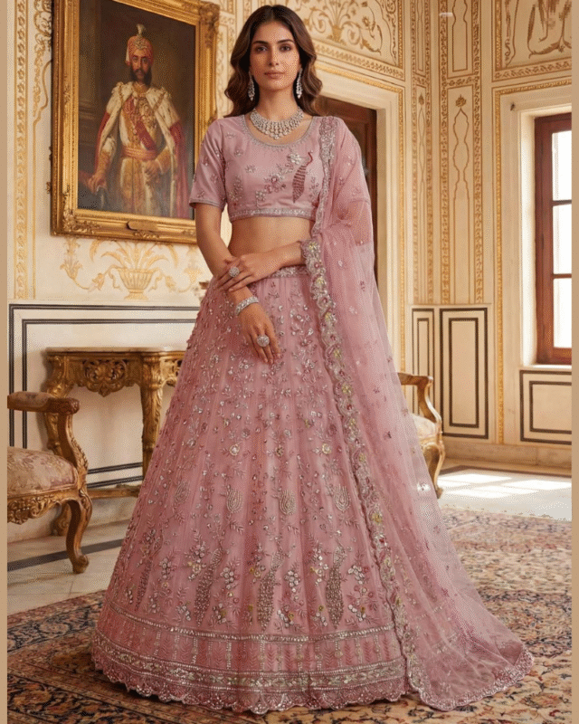 Peach Net Designer Party Lehenga Choli for Girlish